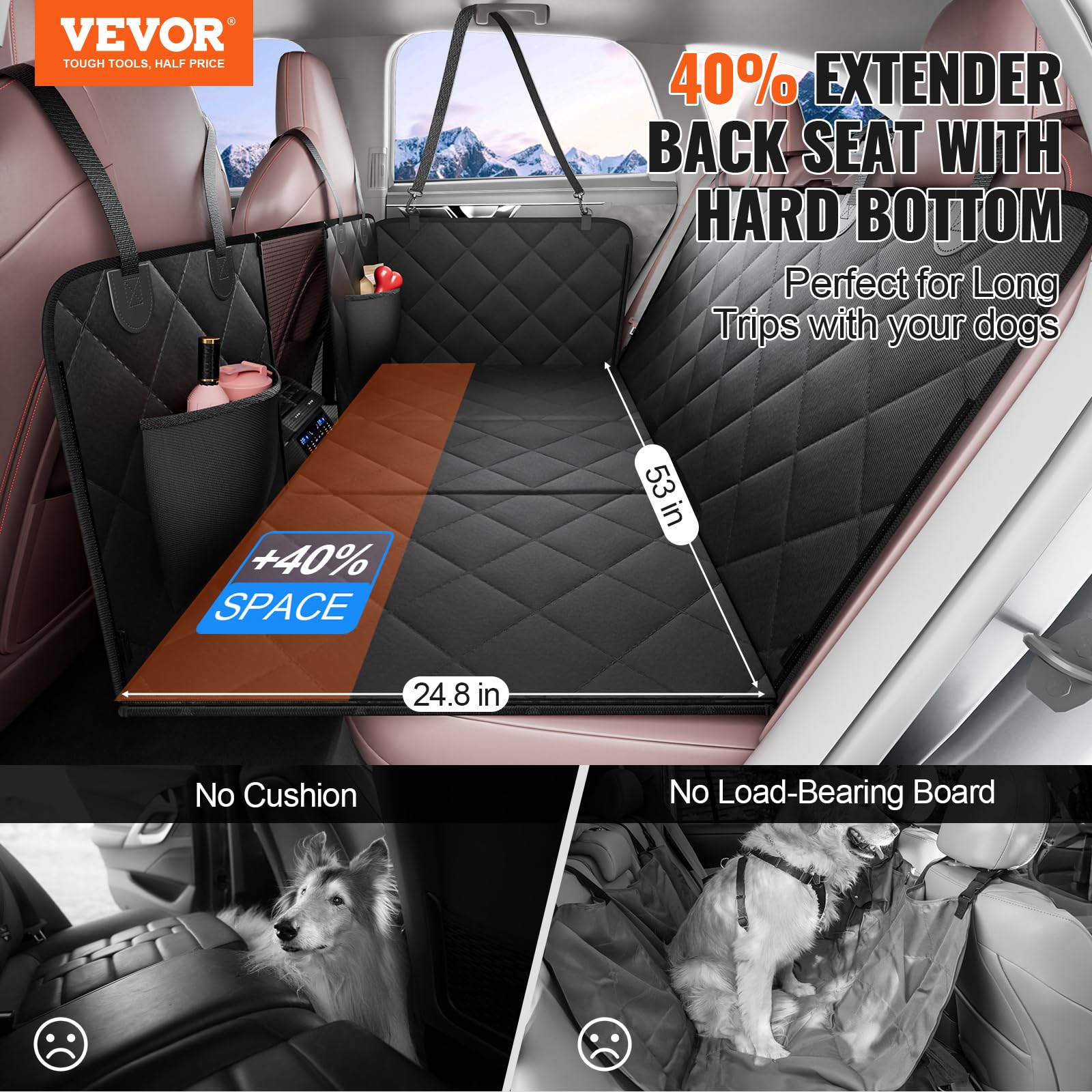 VEVOR Back Seat Extender for Dogs,Hard Bottom Dog Car Seat Cover for Back Seat Holds 350 lbs, Backseat Extender for Dogs, Waterp